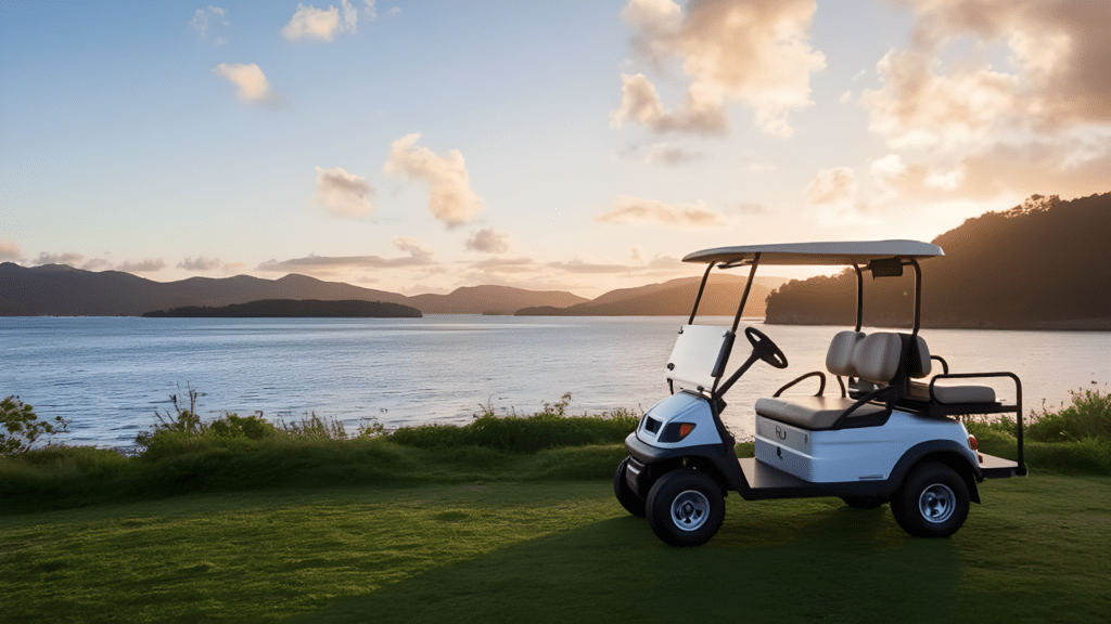 Golf buggy parked with a stunning view of the ocean and mountains at sunset on Hamilton Island."